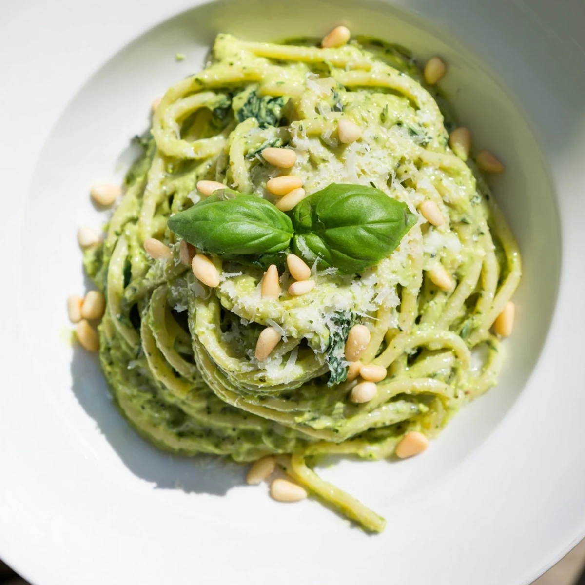 A close-up of creamy avocado and spinach pasta twirled on a fork, highlighting the velvety green sauce and freshly grated Parmesan topping.