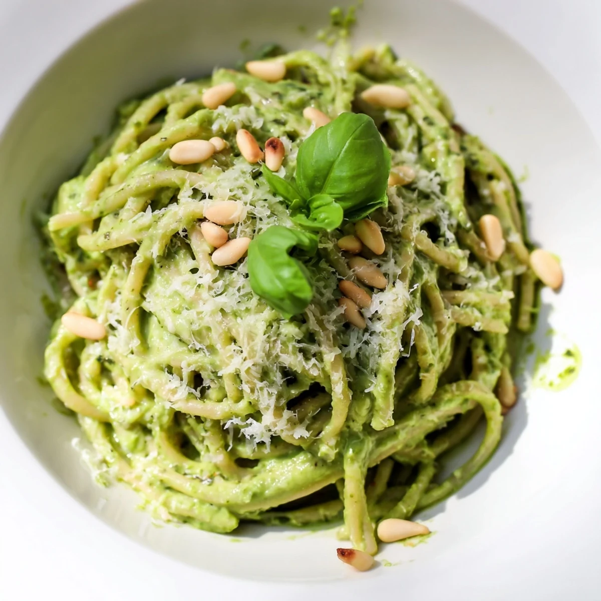 A steaming plate of creamy avocado and spinach pasta on a rustic table, with lemon wedges and extra virgin olive oil nearby.