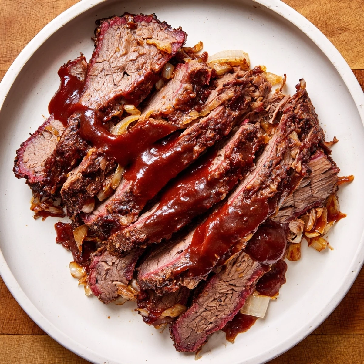 Gluten-Free Slow Cooked Beef Brisket with BBQ Sauce garnished with fresh thyme on a platter.