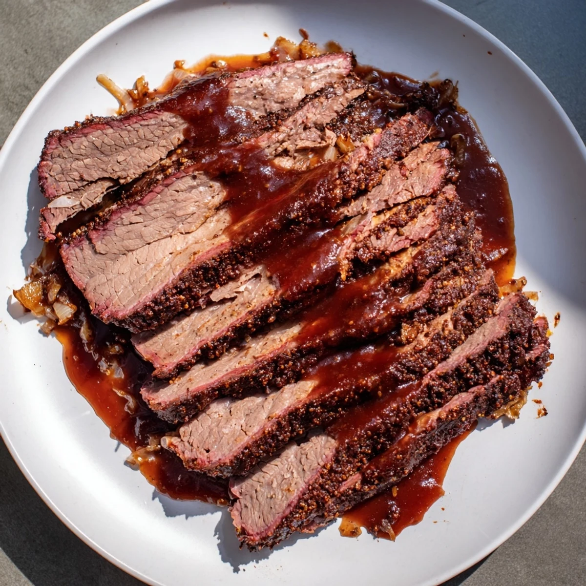 Juicy Slow Cooked Beef Brisket with BBQ Sauce drizzled with smoky sauce next to pickles.