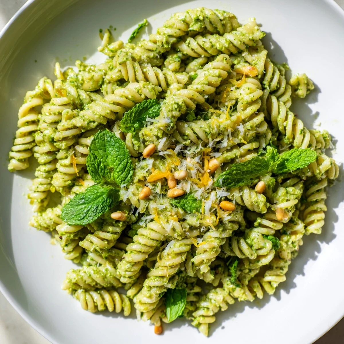 A vibrant bowl of Spring Pea and Mint Pesto Pasta garnished with fresh mint leaves and a sprinkle of Parmesan.