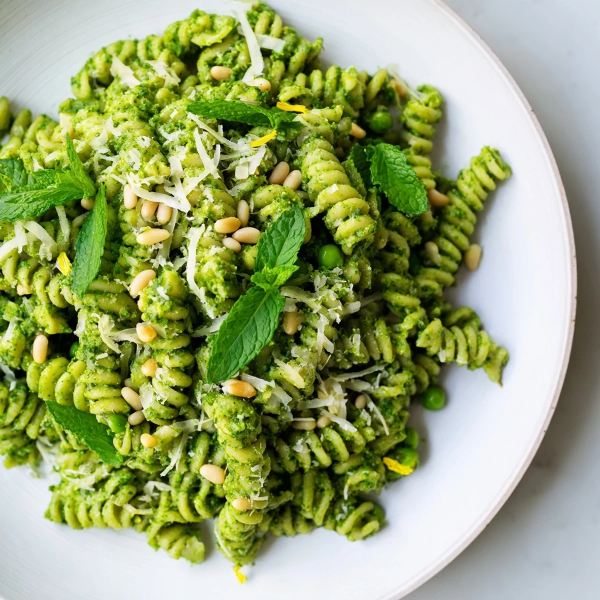 Spring Pea and Mint Pesto Pasta served on a white plate with a glass of white wine beside it.