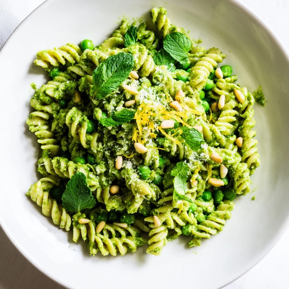 Creamy Spring Pea and Mint Pesto Pasta tossed with al dente fusilli, lemon zest, and toasted pine nuts.