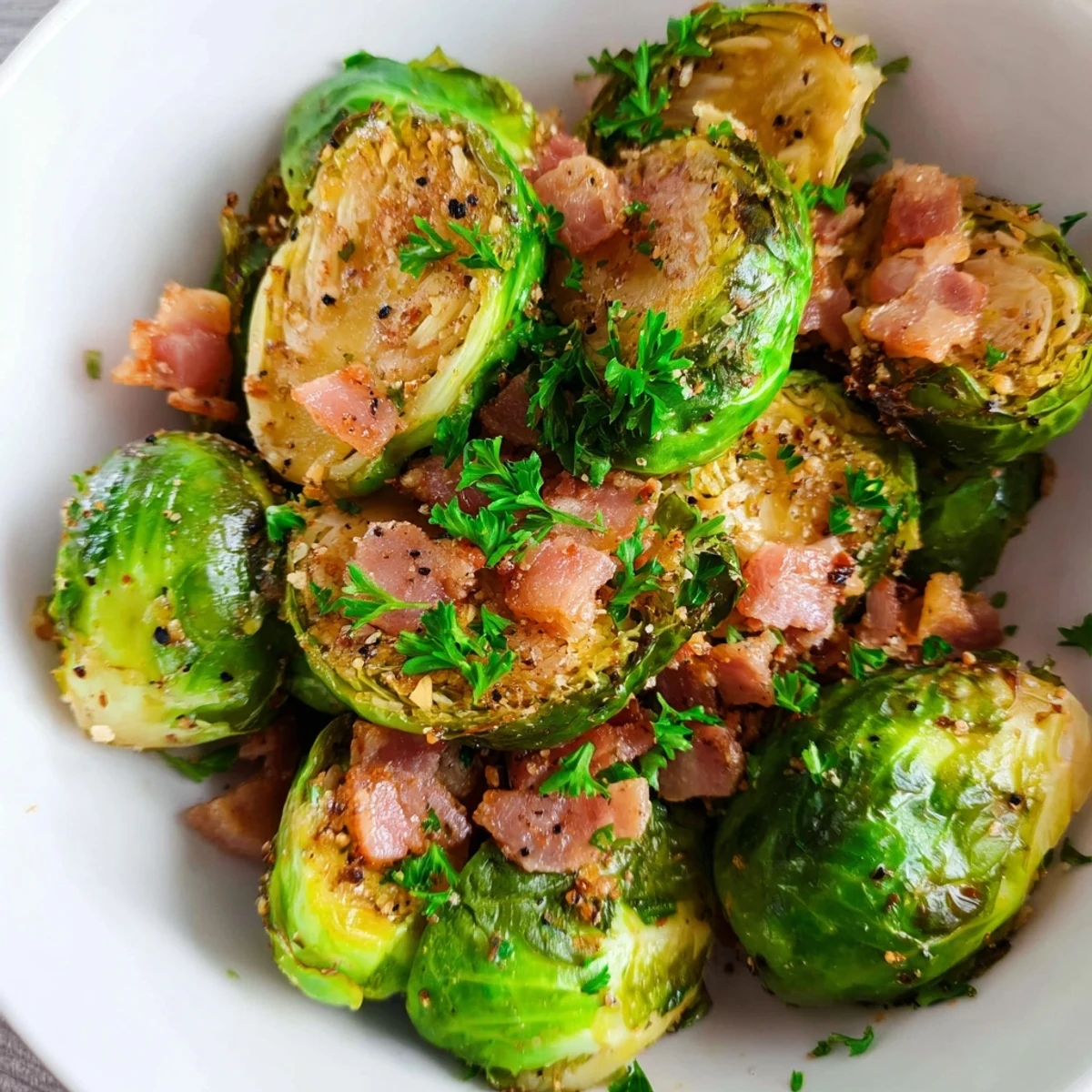 Golden roasted Brussels sprouts with crispy beef bacon, garnished with fresh parsley, served hot as a savory side dish.
