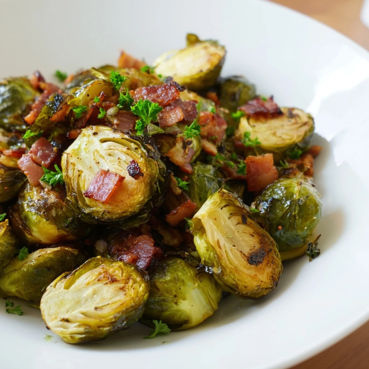 Roasted Brussels sprouts with beef bacon, served as a warm, gluten-free side dish perfect for an American dinner table.