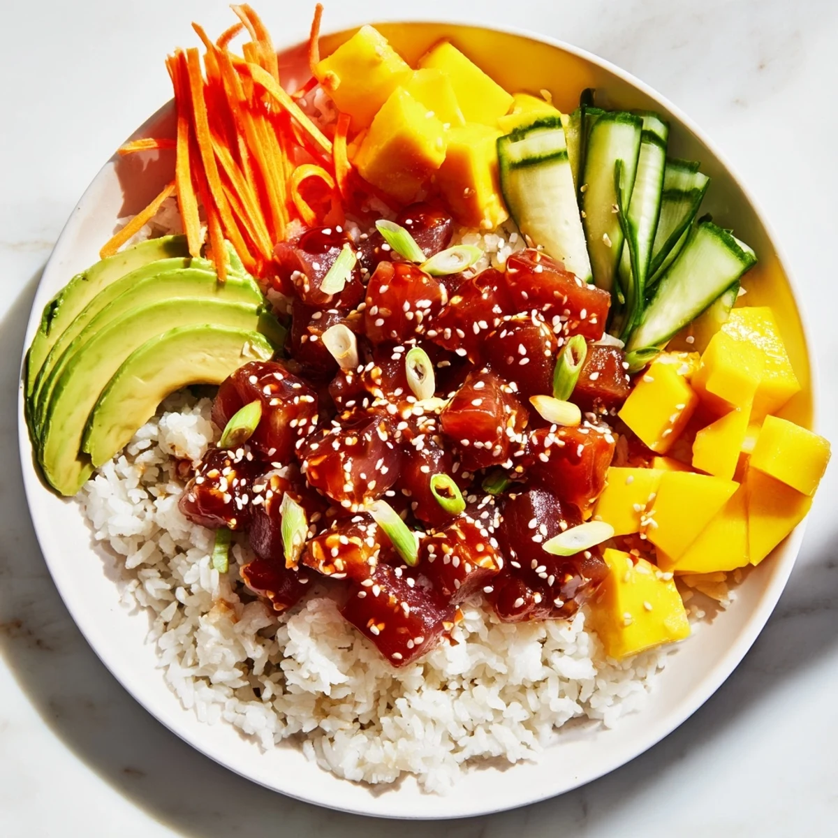 A vibrant Spicy Tuna Poke Bowl with mango, avocado, and nori over sushi rice, drizzled with sriracha.