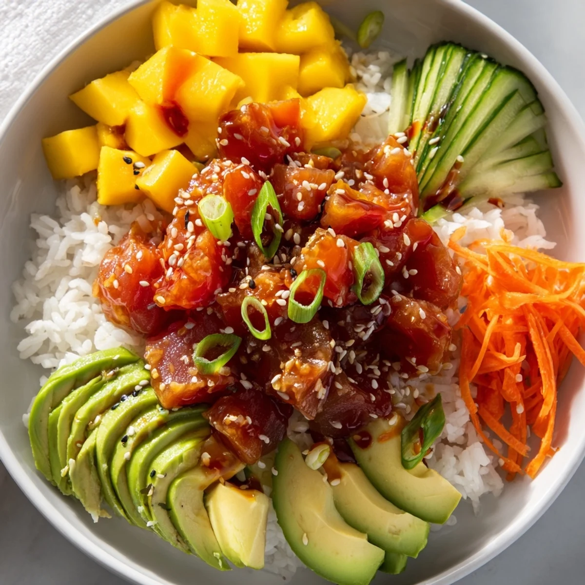 Colorful Spicy Tuna Poke Bowl featuring fresh mango chunks and crisp vegetables atop a bed of seasoned rice.