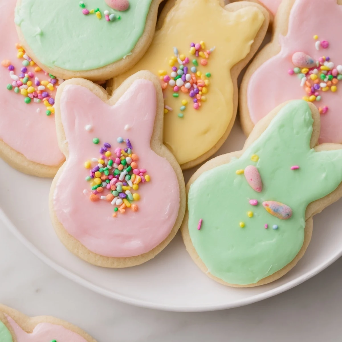 Frosted Easter Bunny Sugar Cookies arranged on a pastel platter with candy eyes and rainbow sprinkles for a festive spring celebration.