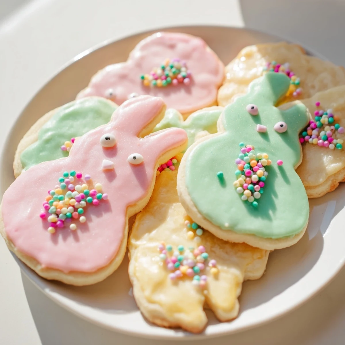 Two freshly baked Easter Bunny Sugar Cookies with pink icing tails sit beside a glass of milk on a marble countertop.