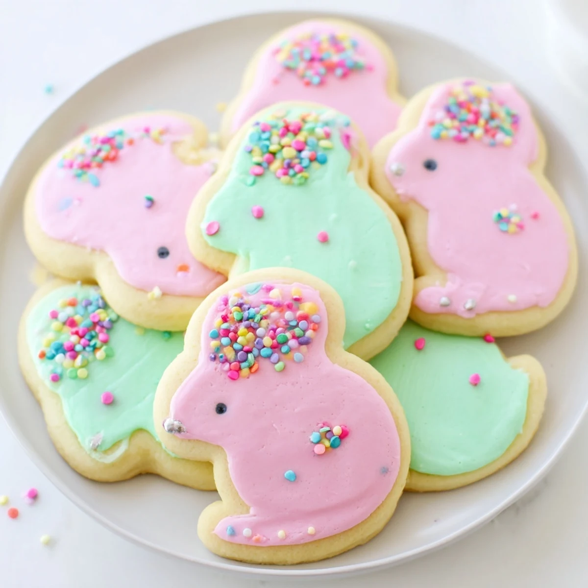 A close-up of Easter Bunny Sugar Cookies being decorated with piping bags of pastel icing, ready for an Easter party tray.