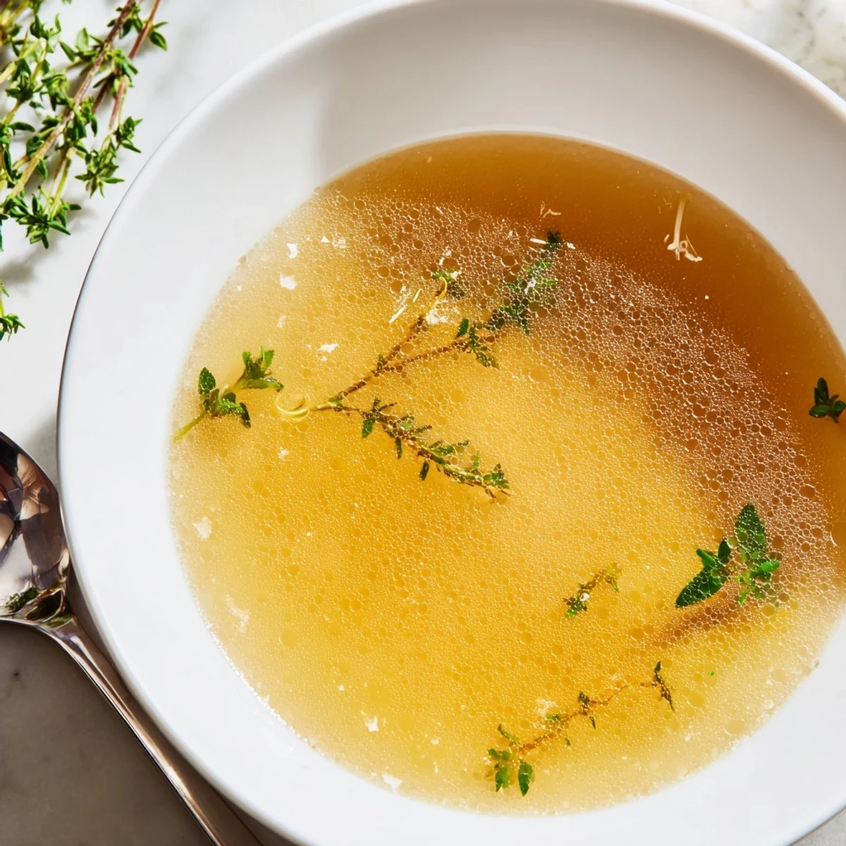 Homemade Vegetable Broth with Fresh Herbs simmering in a pot with chopped onions, leeks, and thyme sprigs.