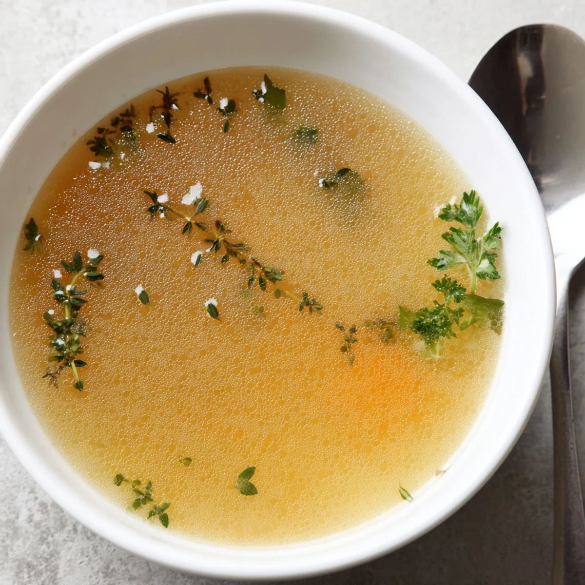 Pouring golden Homemade Vegetable Broth with Fresh Herbs from a pot into a glass jar for storage.