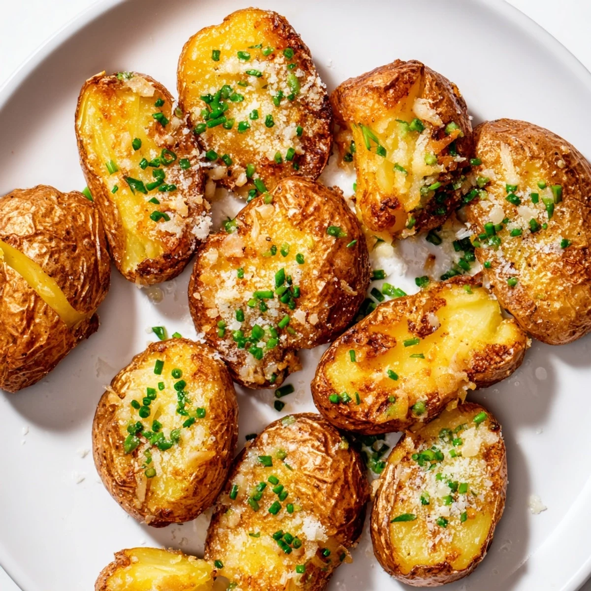 Golden roasted Garlic Parmesan Smashed Potatoes with Chives, crispy edges and fluffy centers served as a rustic side dish.
