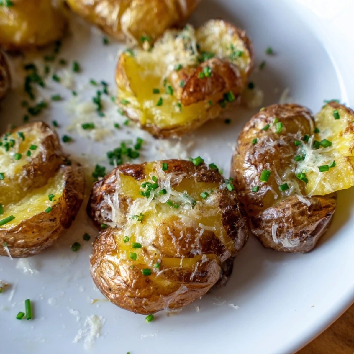 A close-up of Garlic Parmesan Smashed Potatoes with Chives, golden brown and garnished with chives and melted Parmesan on a plate.