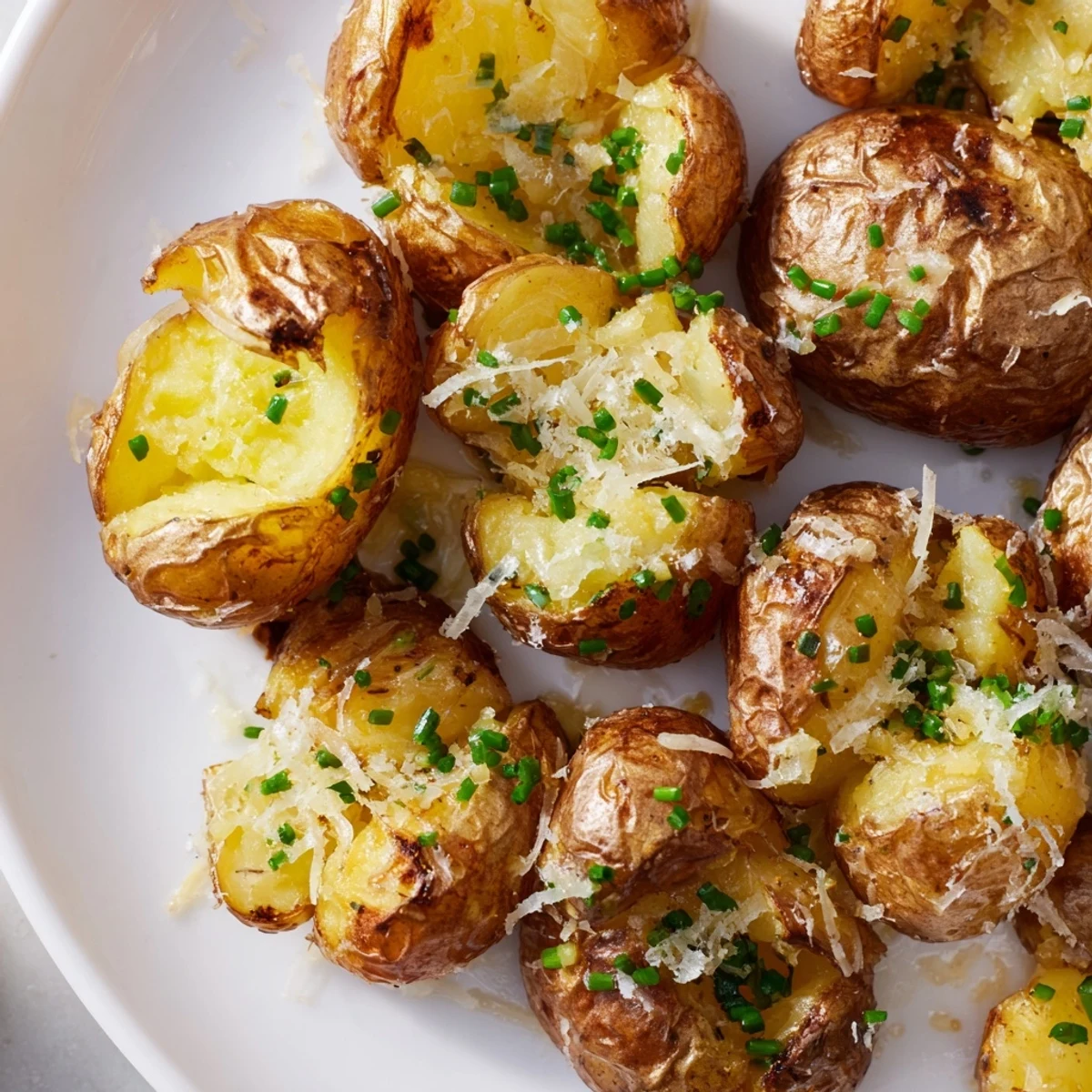Garlic Parmesan Smashed Potatoes with Chives arranged on a baking sheet, brushed with garlic butter and topped with fresh herbs.