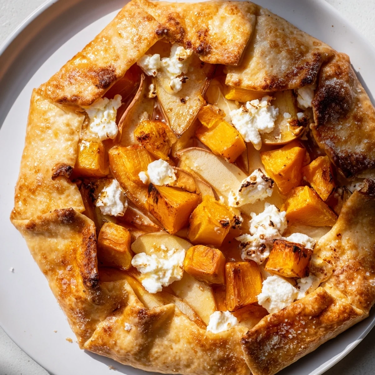 Golden roasted butternut squash and apple galette with flaky pastry, topped with fresh thyme on a rustic wooden board.