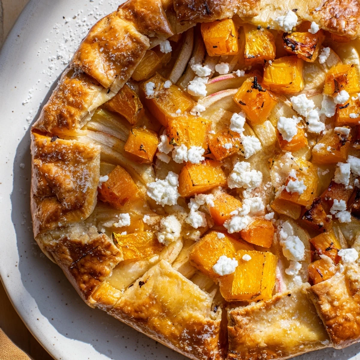 A close view of roasted butternut squash and apple galette, its crust brushed with egg wash and lightly caramelized.