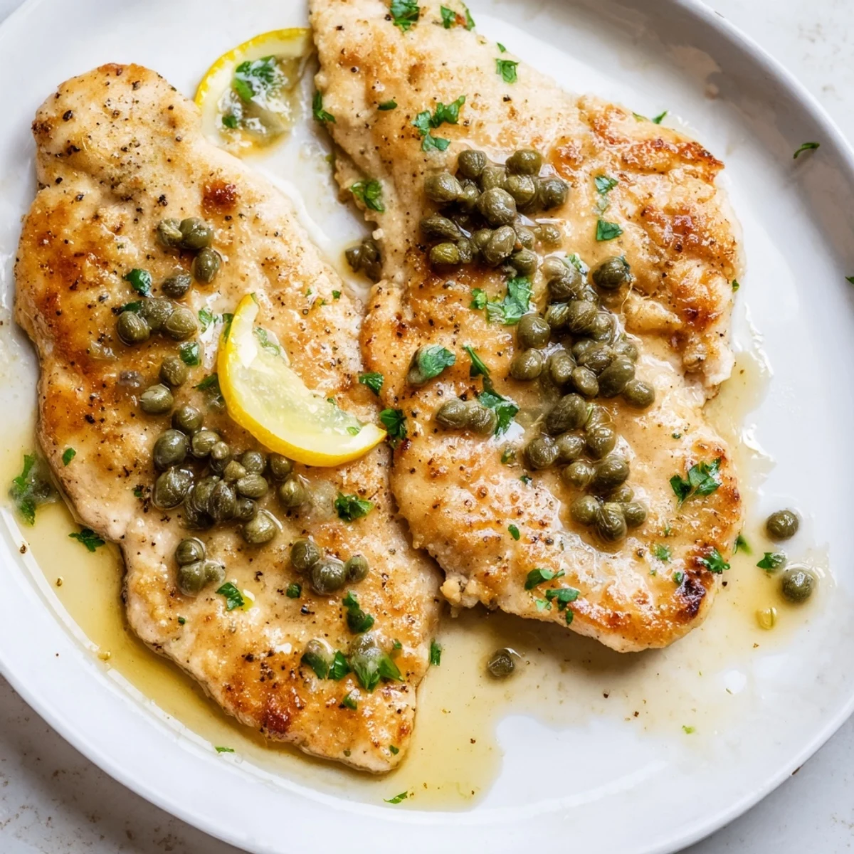 Golden-brown chicken piccata with capers and lemon juice in a zesty pan sauce, served over pasta.