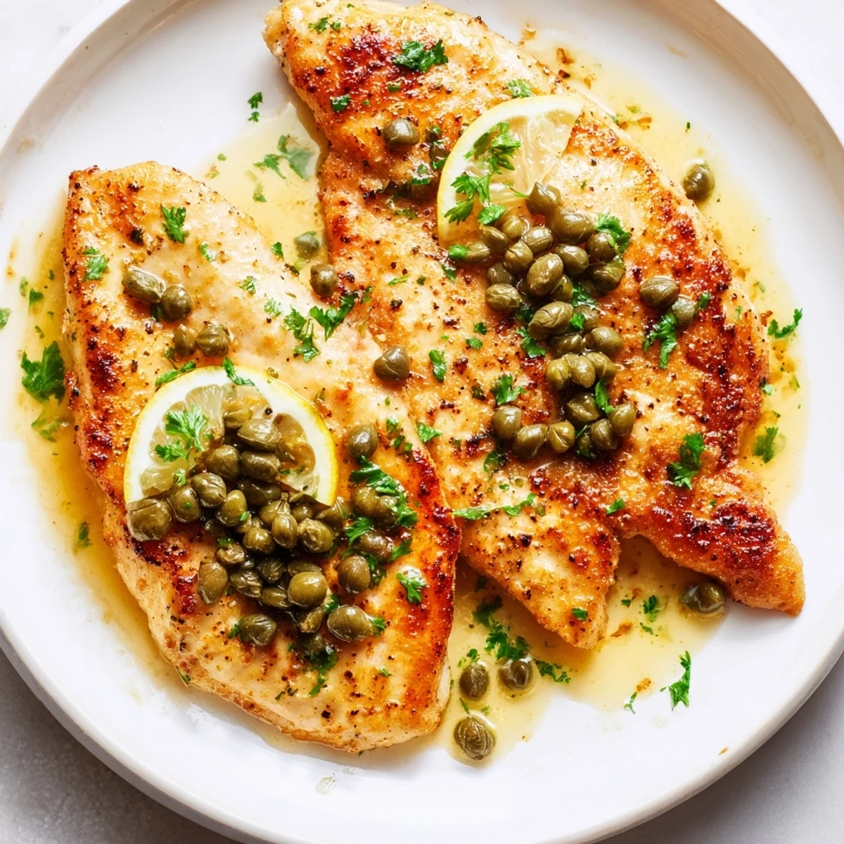 Juicy chicken piccata with capers and lemon juice ready to serve with roasted vegetables and crusty bread.