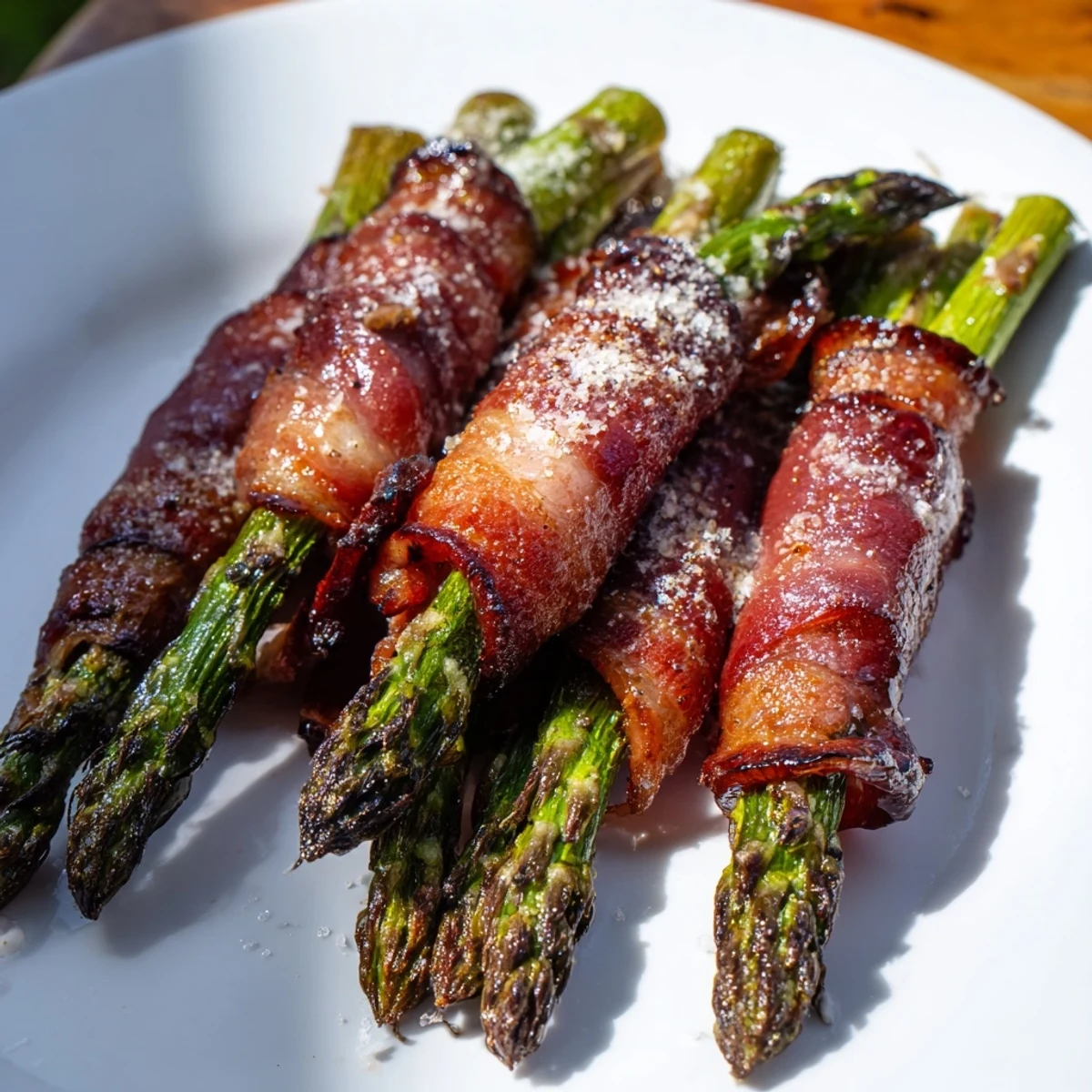 Golden-brown Crispy Beef Bacon Wrapped Asparagus Bundles roasted on a parchment-lined baking sheet, served hot with lemon wedges.
