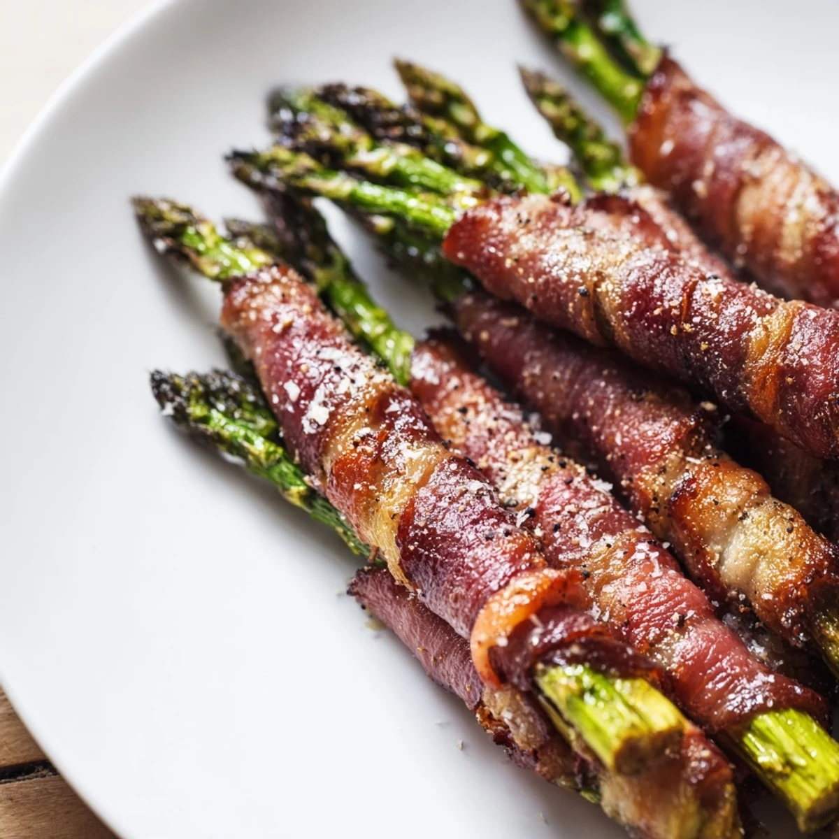 Sizzling Crispy Beef Bacon Wrapped Asparagus Bundles arranged on a platter, an easy gluten-free appetizer perfect for party gatherings.
