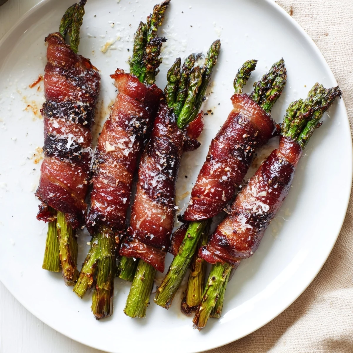Roasted Crispy Beef Bacon Wrapped Asparagus Bundles with smoky, crispy bacon and tender green spears, finished with Parmesan garnish.