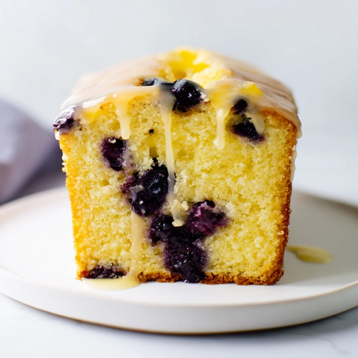A slice of Lemon Blueberry Yogurt Loaf Cake rests on a white plate with a visible tender crumb.