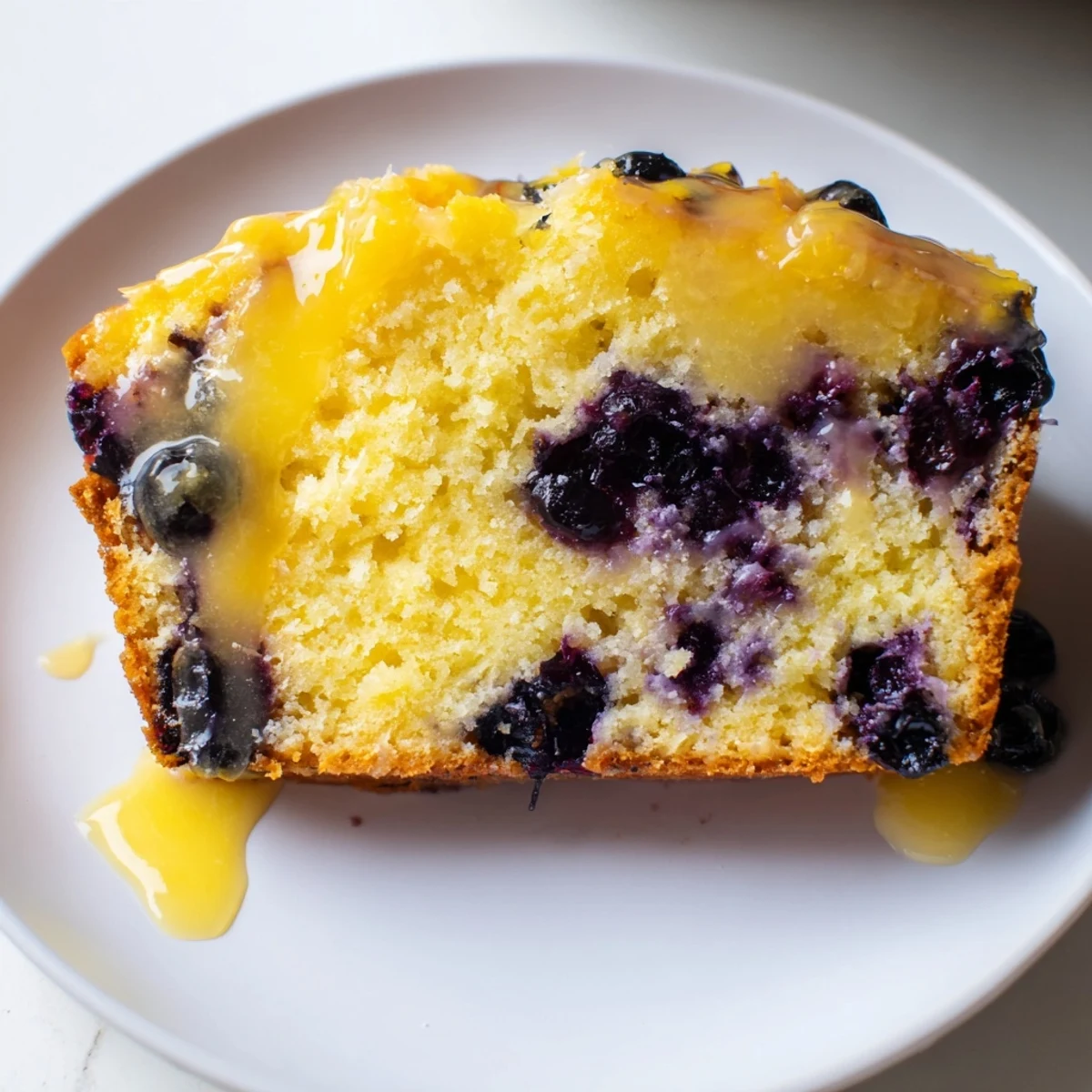 Bright Lemon Blueberry Yogurt Loaf Cake glazed and ready to serve for breakfast or brunch.