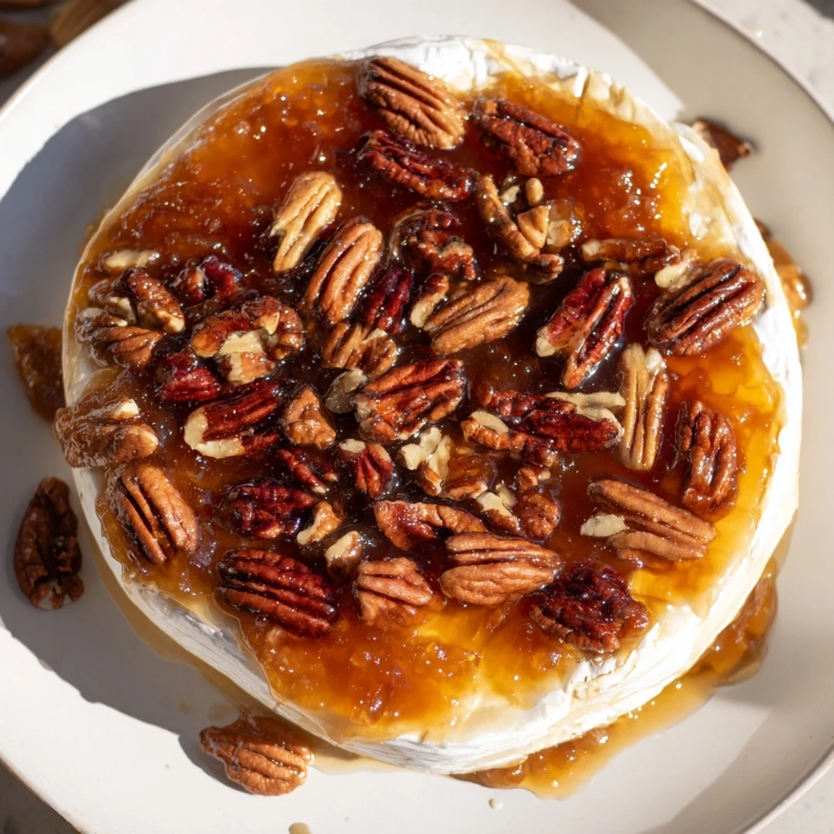 Golden, gooey Baked Brie with Apricot Preserves and Pecans bubbling in a baking dish, topped with toasted nuts.