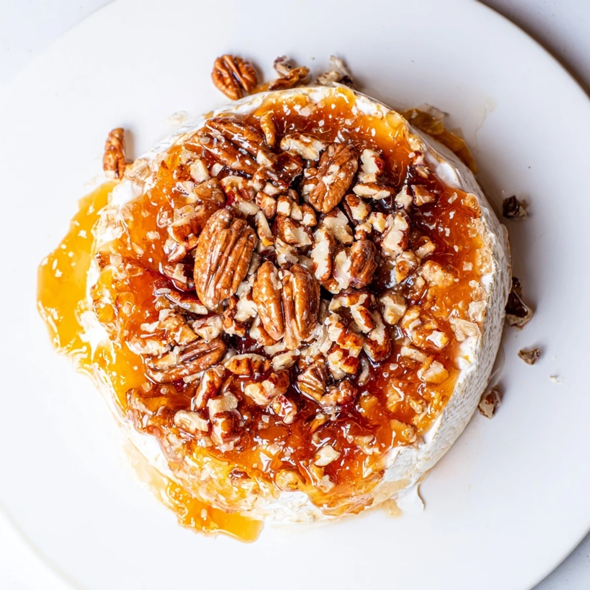 A fork lifts a creamy slice of Baked Brie with Apricot Preserves and Pecans over a baguette piece.