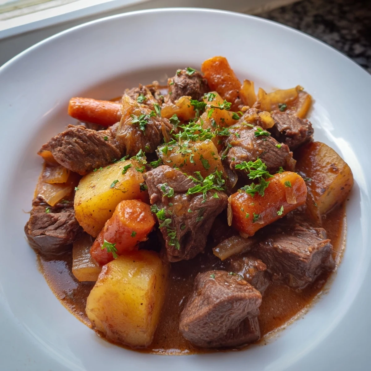 A cozy bowl of Irish Beef Stew with Rich Gravy, garnished with fresh parsley and served alongside crusty bread.