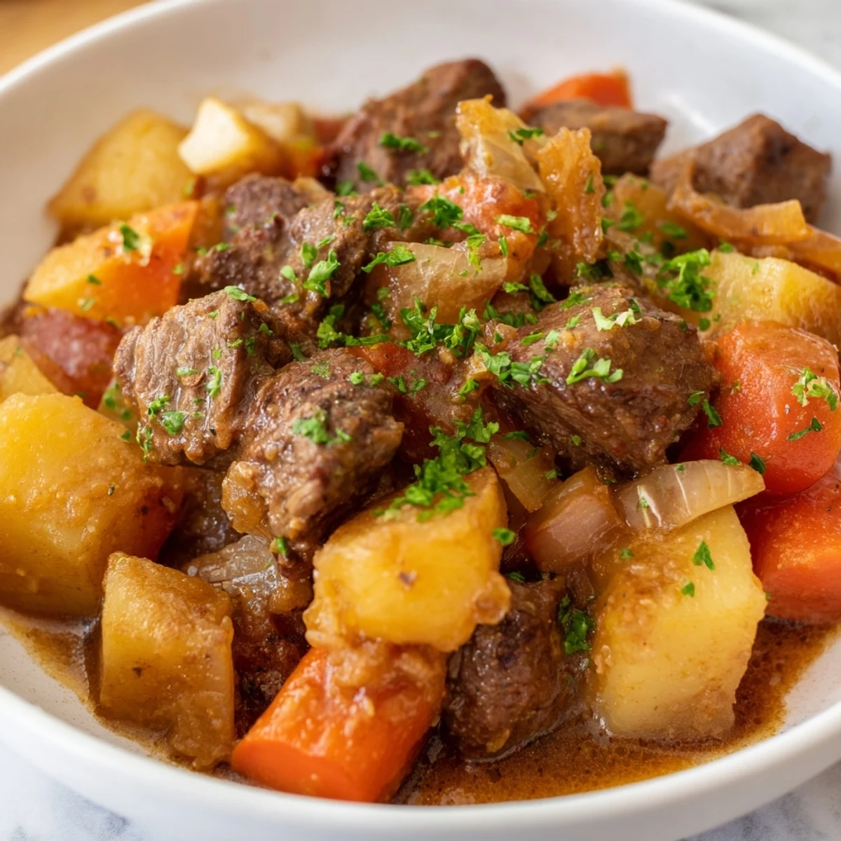 Steaming Irish Beef Stew with Rich Gravy in a rustic pot, featuring tender beef chunks and colorful root vegetables.