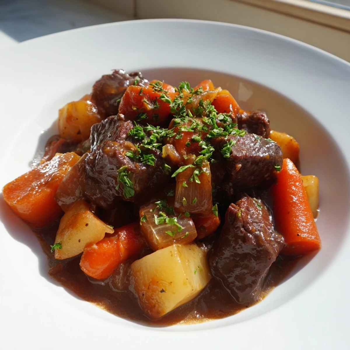 Close-up view of Irish Beef Stew with Rich Gravy, highlighting the thick, savory sauce and soft carrots and potatoes.