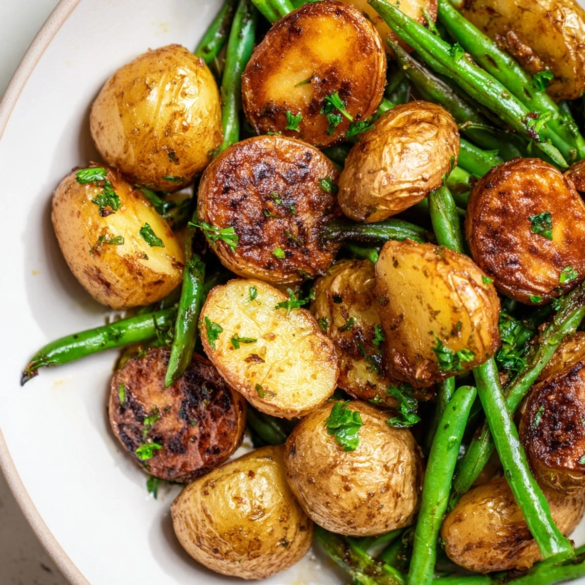Golden roasted baby potatoes and tender-crisp green beans tossed with garlic and fresh herbs on a baking sheet, ready to serve.