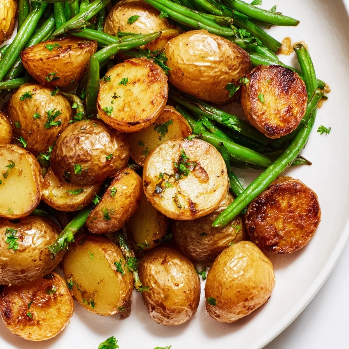 A close-up view of Garlic Herb Roasted Potatoes and Green Beans with crispy edges and vibrant green beans, perfect alongside grilled chicken.