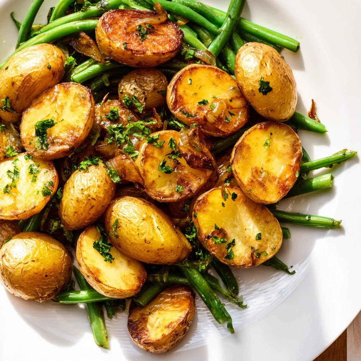 Garlic Herb Roasted Potatoes and Green Beans fresh from the oven with olive oil glaze and parsley garnish on a rustic plate.
