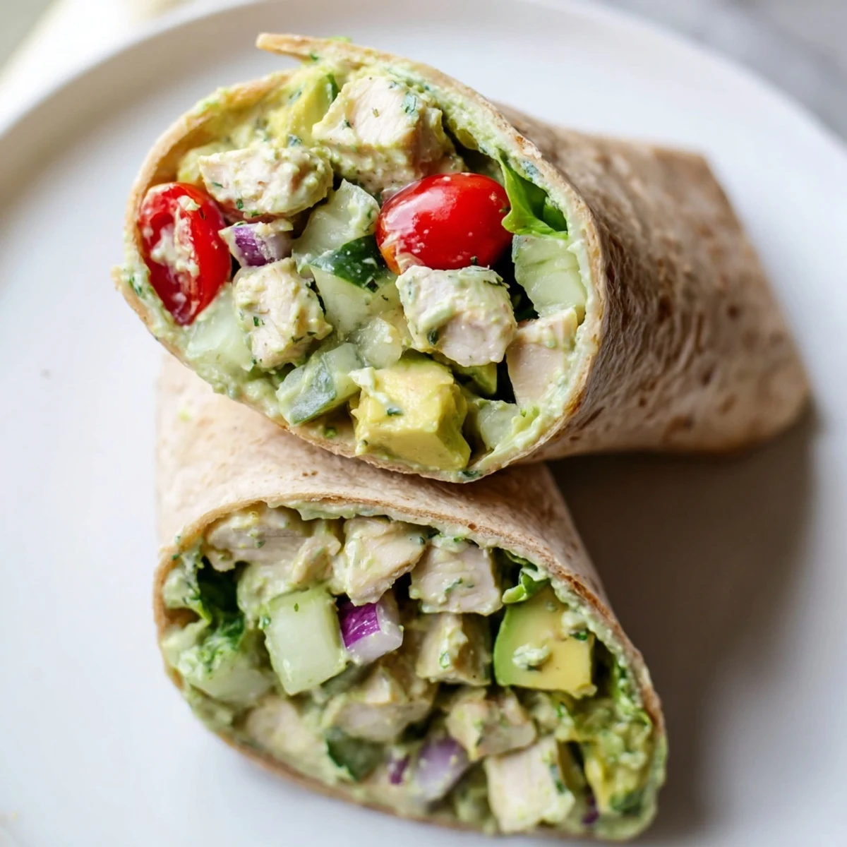 Freshly prepared Green Goddess Chicken Salad Wraps with creamy herb dressing, sliced avocado, and cherry tomatoes on a plate. 