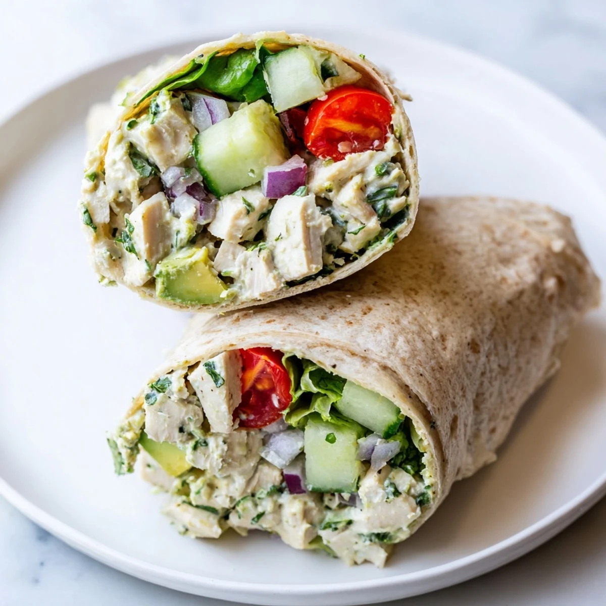 Ready-to-eat Green Goddess Chicken Salad Wraps served with mixed greens and avocado slices, perfect for a quick American lunch.