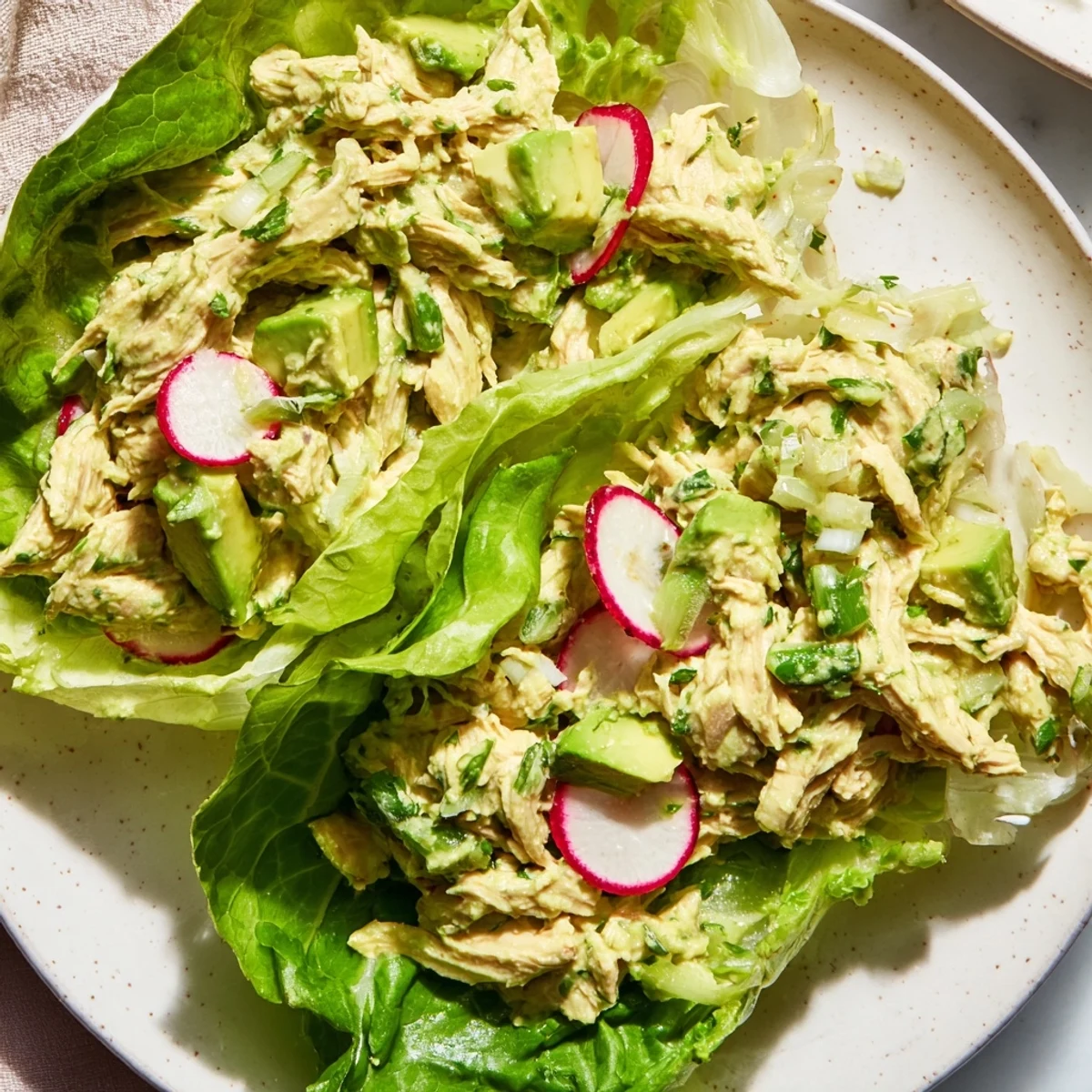 Close-up of fresh Green Goddess Chicken Salad Lettuce Wraps served on a platter with microgreens and cucumber for a light dinner.