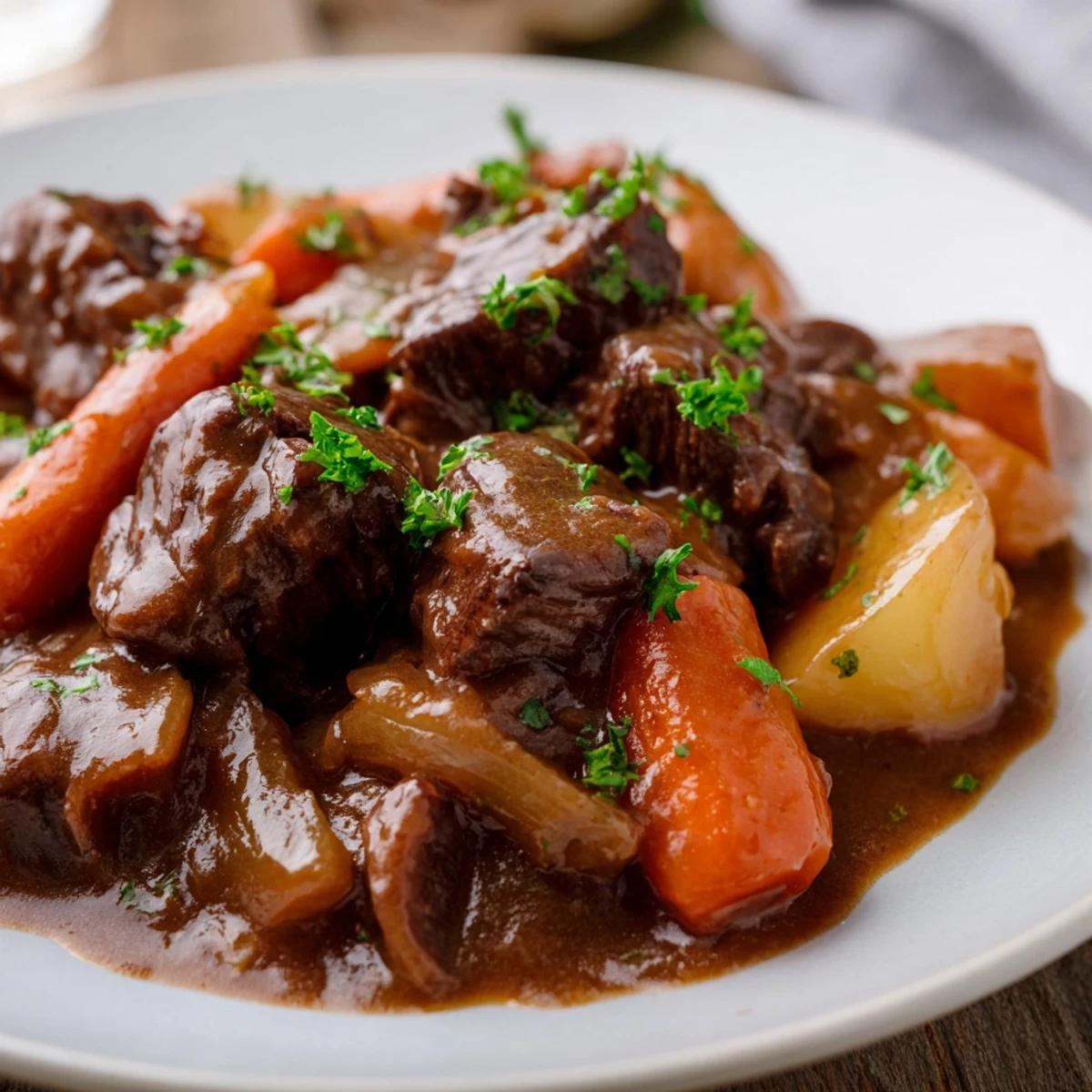 A steaming bowl of Irish Beef Stew with Rich Brown Gravy showcases tender beef and carrots in a dark, luscious sauce.