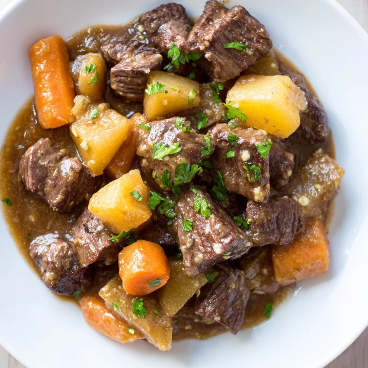 Hearty Irish Beef Stew with Rich Brown Gravy features chunky potatoes and parsnips in a thick gravy, ready to be ladled.