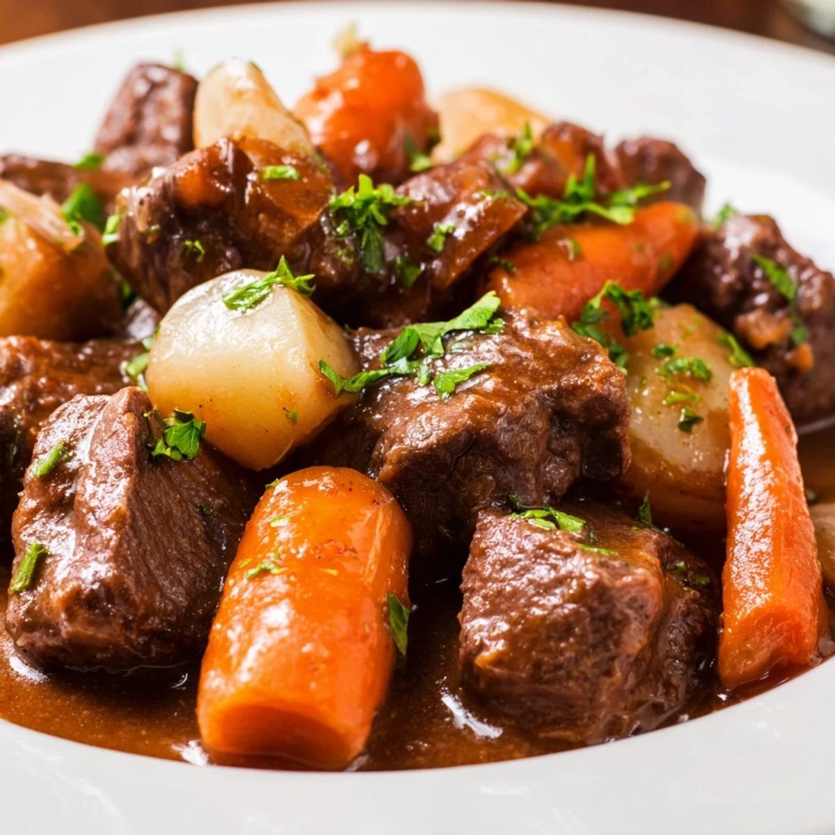 Irish Beef Stew with Rich Brown Gravy sits in a rustic bowl, garnished with fresh parsley and served alongside crusty bread.