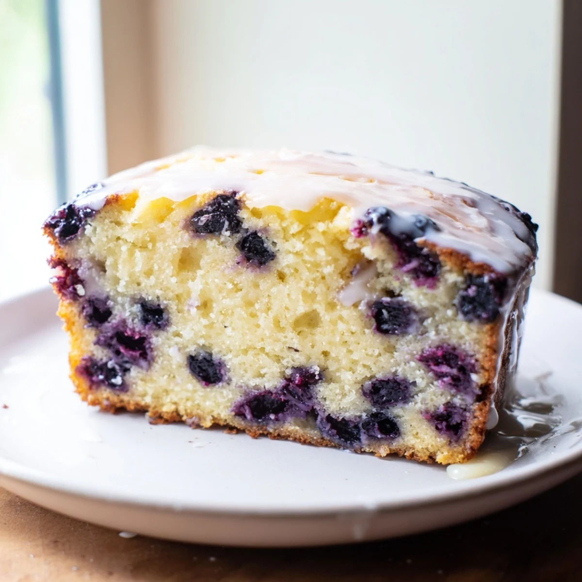 A freshly baked Lemon Blueberry Yogurt Loaf Cake with Glaze rests on a wooden board, showing moist crumbs and juicy berries.