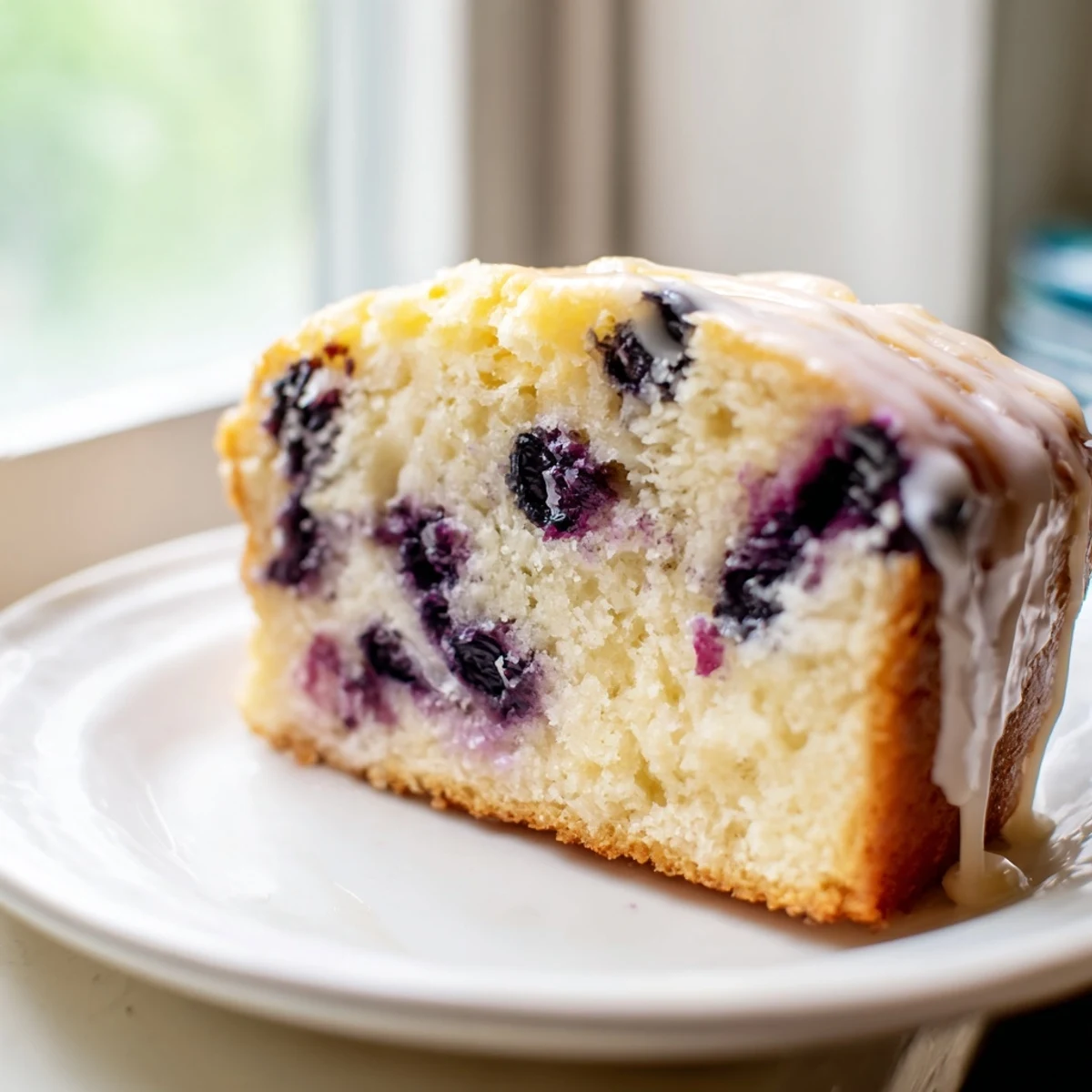 Close-up of the Lemon Blueberry Yogurt Loaf Cake with Glaze, highlighting the zesty glaze dripping down the golden-brown crust.