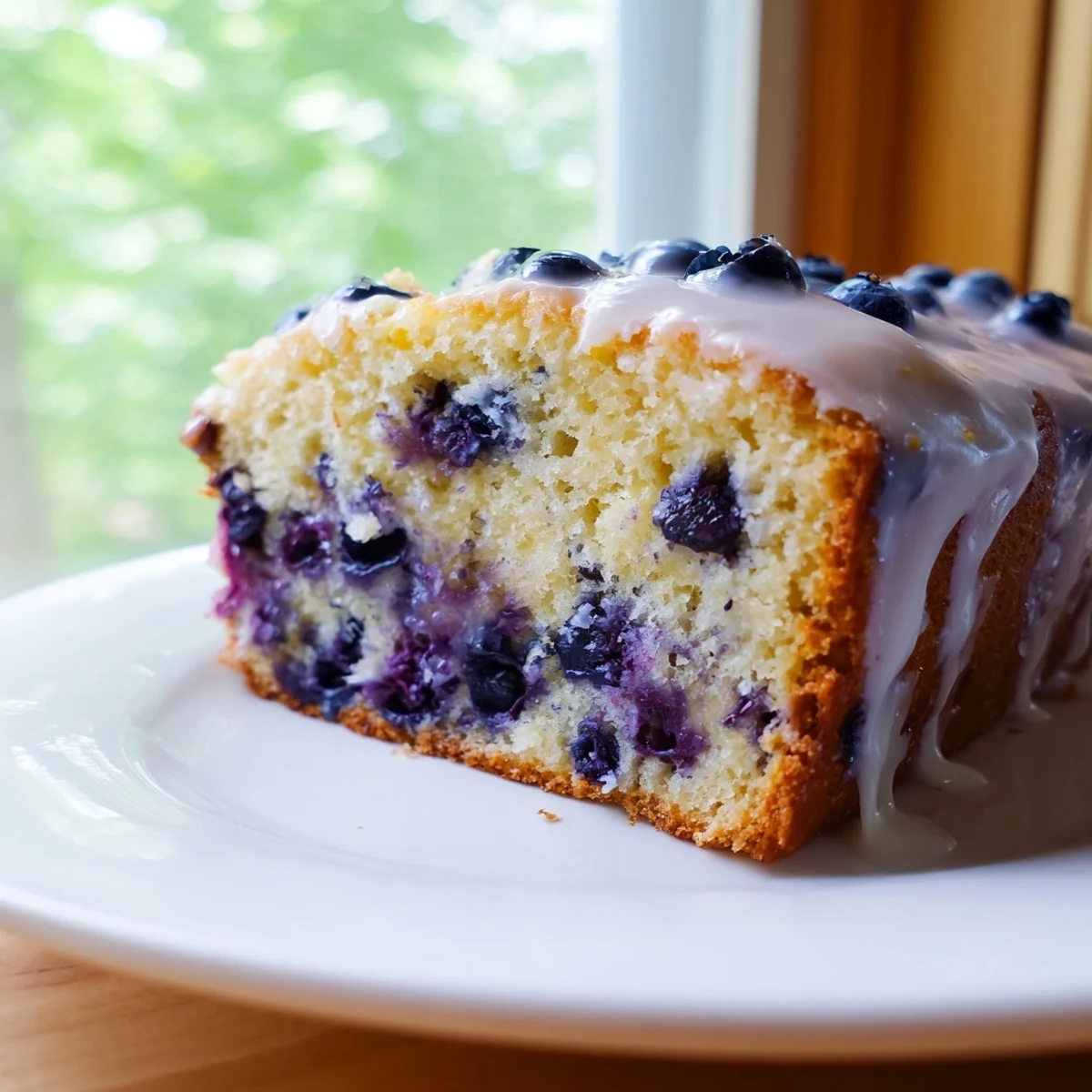 Moist Lemon Blueberry Yogurt Loaf Cake with Glaze is sliced, revealing a tender interior packed with fresh blueberries and zest.