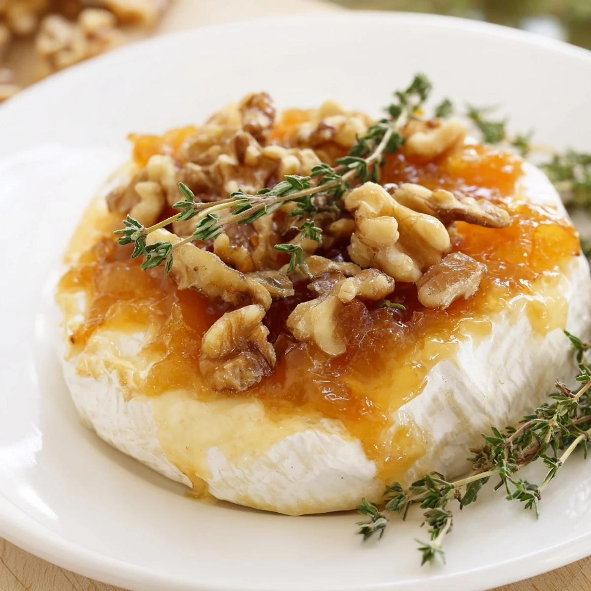 Creamy Brie topped with apricot preserves and chopped walnuts, baked until golden and bubbling for a delicious appetizer.