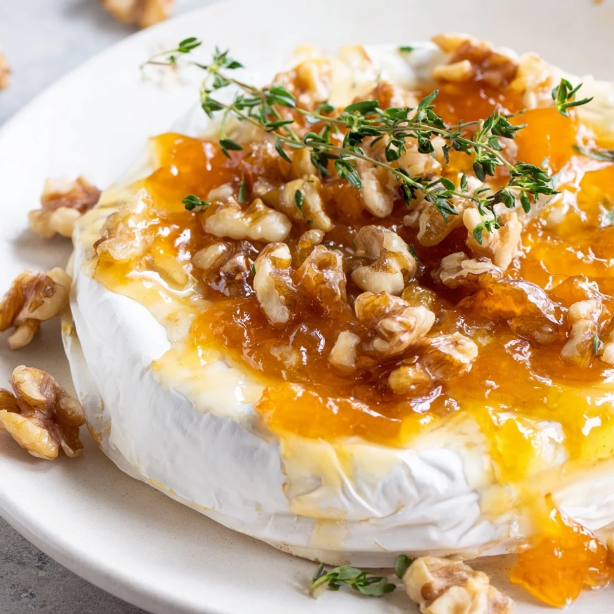 Slice of crusty bread topped with melted Baked Brie with Apricot Preserves and Walnuts, ready to serve at a party.