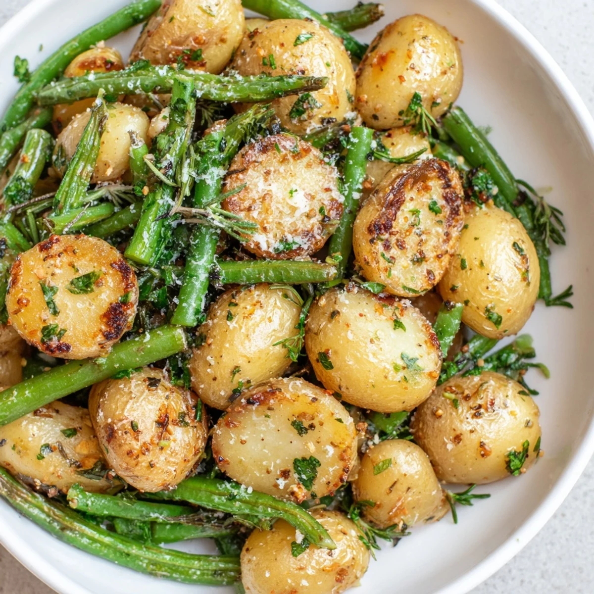 Golden roasted potatoes and tender green beans tossed with garlic and fresh herbs.