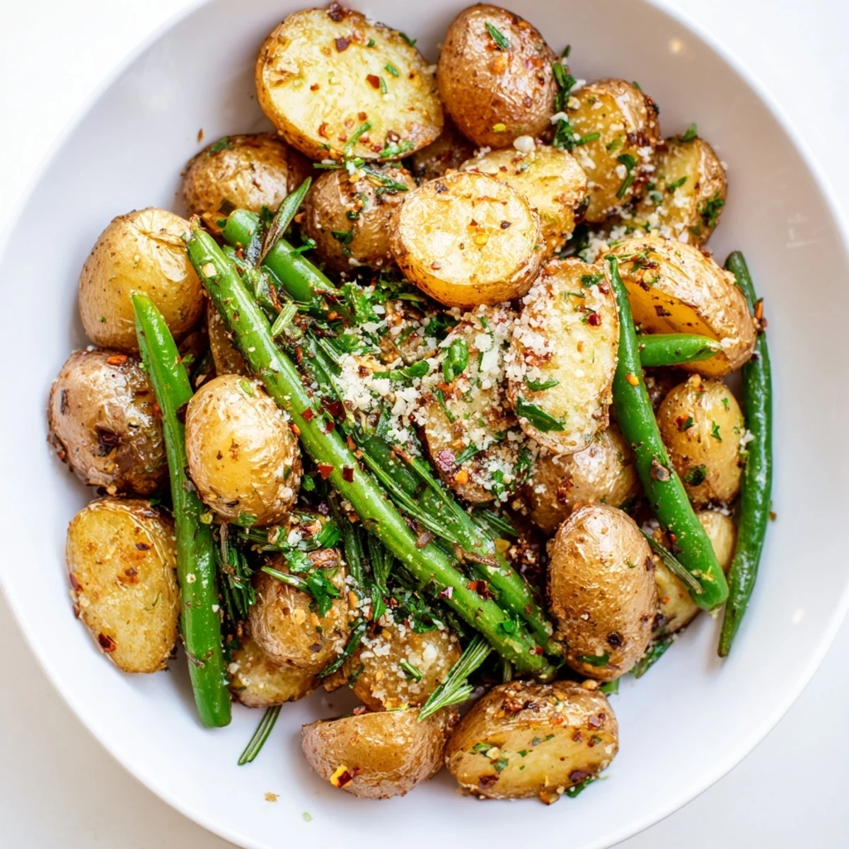 Garlic Herb Roasted Potatoes and Green Beans served hot on a white plate.