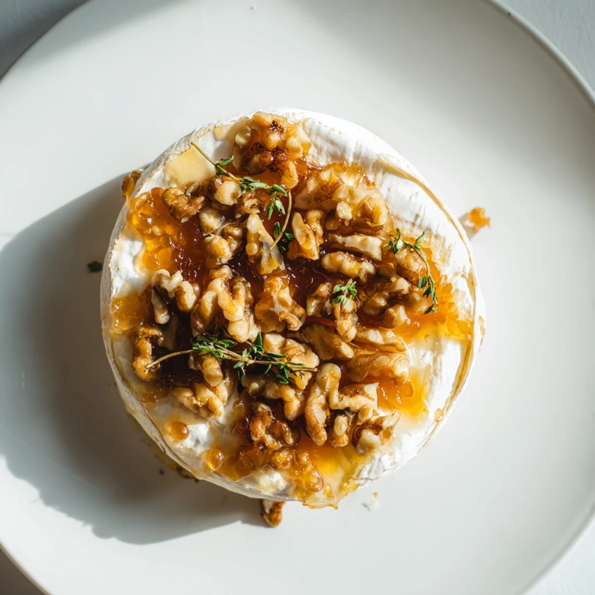 A close-up of golden Brie with apricot preserves and walnuts, Baked Brie with Apricot Preserves and Walnuts, served warm on a wooden board with sliced baguette and thyme garnish.